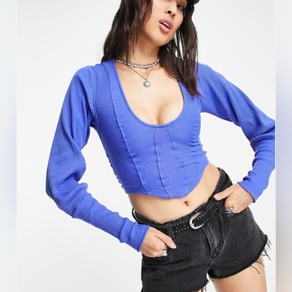 NWT Free People “Petra” long sleeve cotton seam detail blue stretch crop top S